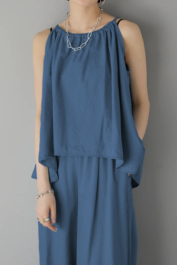Two-Piece Set: Irregular Hem Drawstring Denim Camisole Top + Effortless Maxi Wide Denim Pants - 2 Colors Available - liwisi