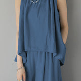 Two-Piece Set: Irregular Hem Drawstring Denim Camisole Top + Effortless Maxi Wide Denim Pants - 2 Colors Available - liwisi
