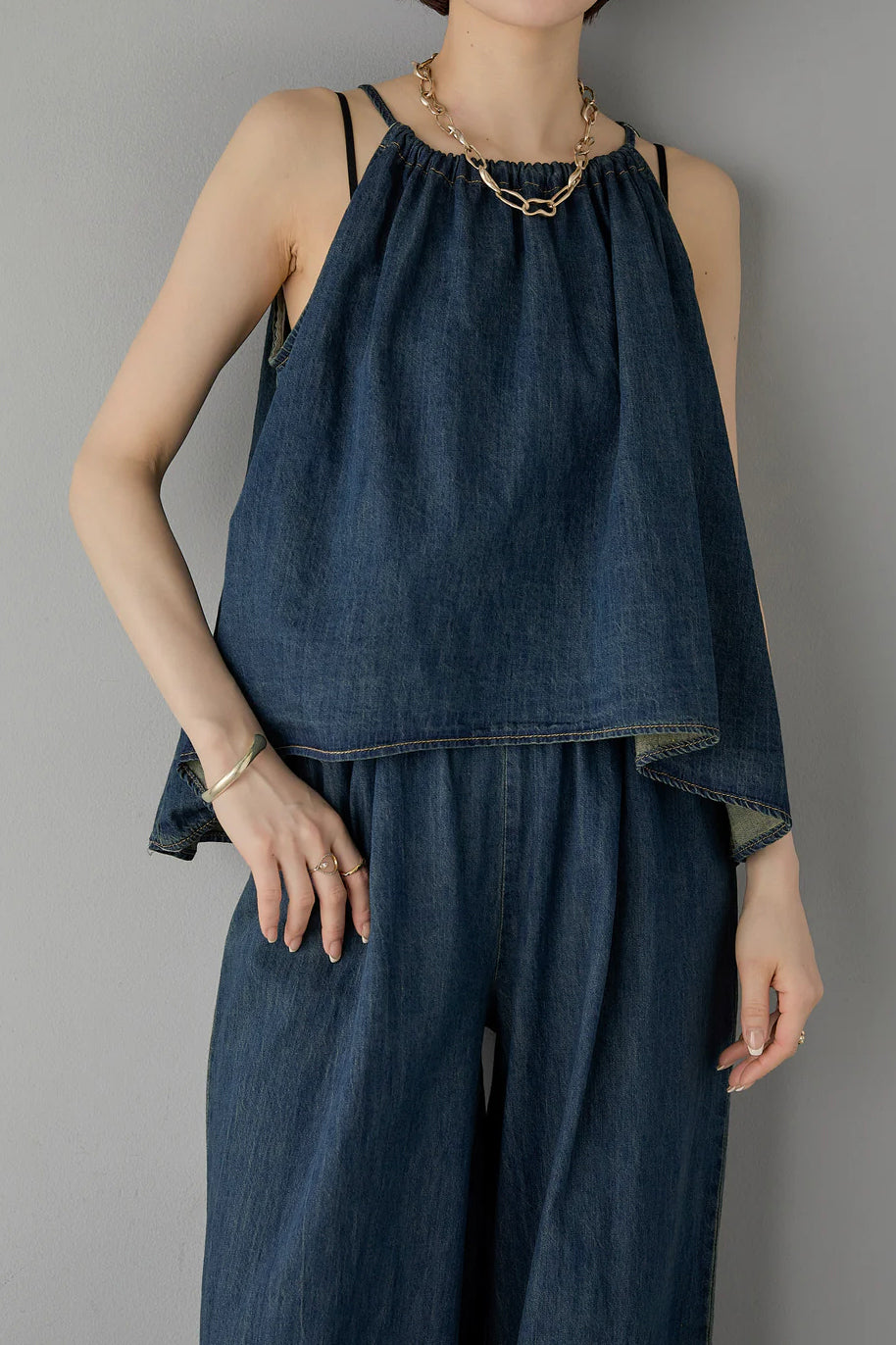 Two-Piece Set: Irregular Hem Drawstring Denim Camisole Top + Effortless Maxi Wide Denim Pants - 2 Colors Available - liwisi