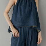 Two-Piece Set: Irregular Hem Drawstring Denim Camisole Top + Effortless Maxi Wide Denim Pants - 2 Colors Available - liwisi