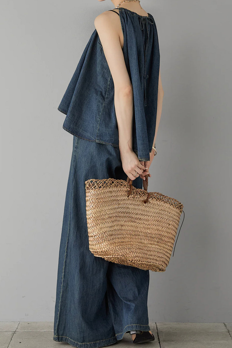 Two-Piece Set: Irregular Hem Drawstring Denim Camisole Top + Effortless Maxi Wide Denim Pants - 2 Colors Available - liwisi
