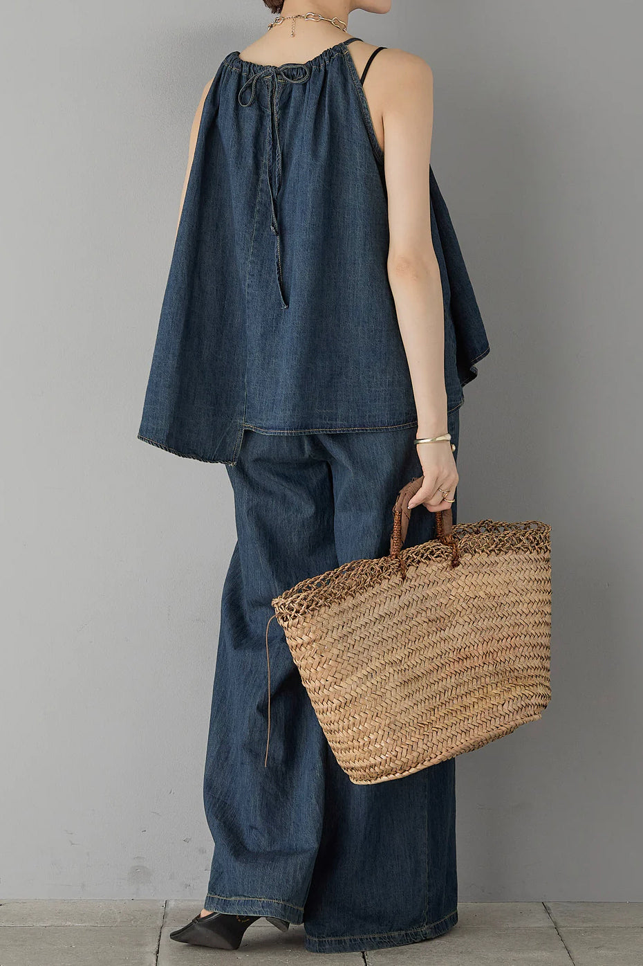 Two-Piece Set: Irregular Hem Drawstring Denim Camisole Top + Effortless Maxi Wide Denim Pants - 2 Colors Available - liwisi