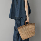 Two-Piece Set: Irregular Hem Drawstring Denim Camisole Top + Effortless Maxi Wide Denim Pants - 2 Colors Available - liwisi