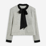 ボウタイカラーサテン切替ツイードジャケット 裏地付 2色入 - liwisi