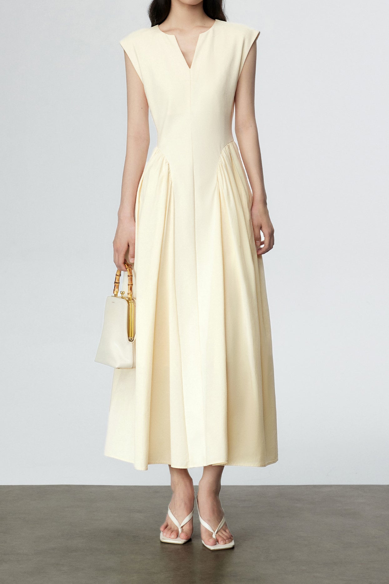 Key Neck Side Gathered Long Flare Dress with Lining - liwisi