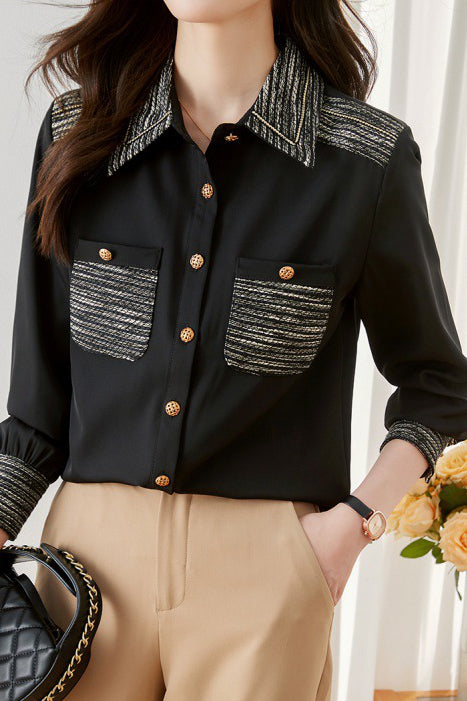 Translated Collar and Full Button Chest Pocket Elegant Color Block Shirt - liwisi