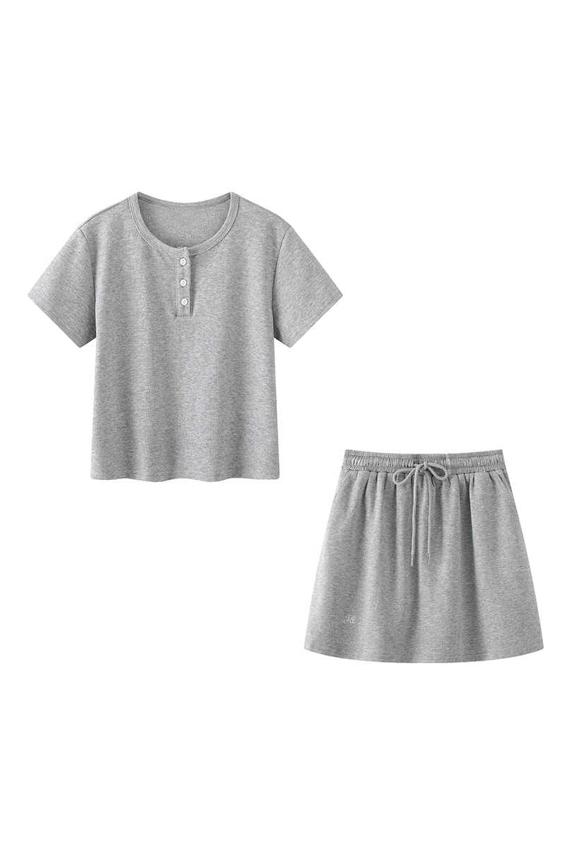 Two-Piece Set: Round Neck Slit Opening Short Sleeve T-Shirt + Logo Embroidered Drawstring Shorts - 2 Colors Available - liwisi