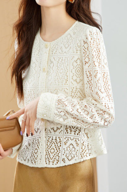 Round Neck Openwork Long Sleeve Cardigan with Lining - 2 Colors Available - liwisi