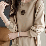 Round Neck Drop Shoulder Camellia Embroidered Sweatshirt - liwisi