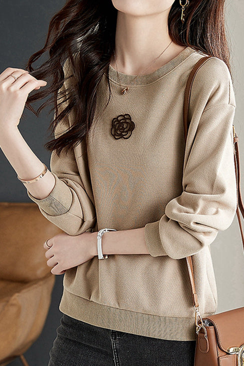 Round Neck Drop Shoulder Camellia Embroidered Sweatshirt - liwisi