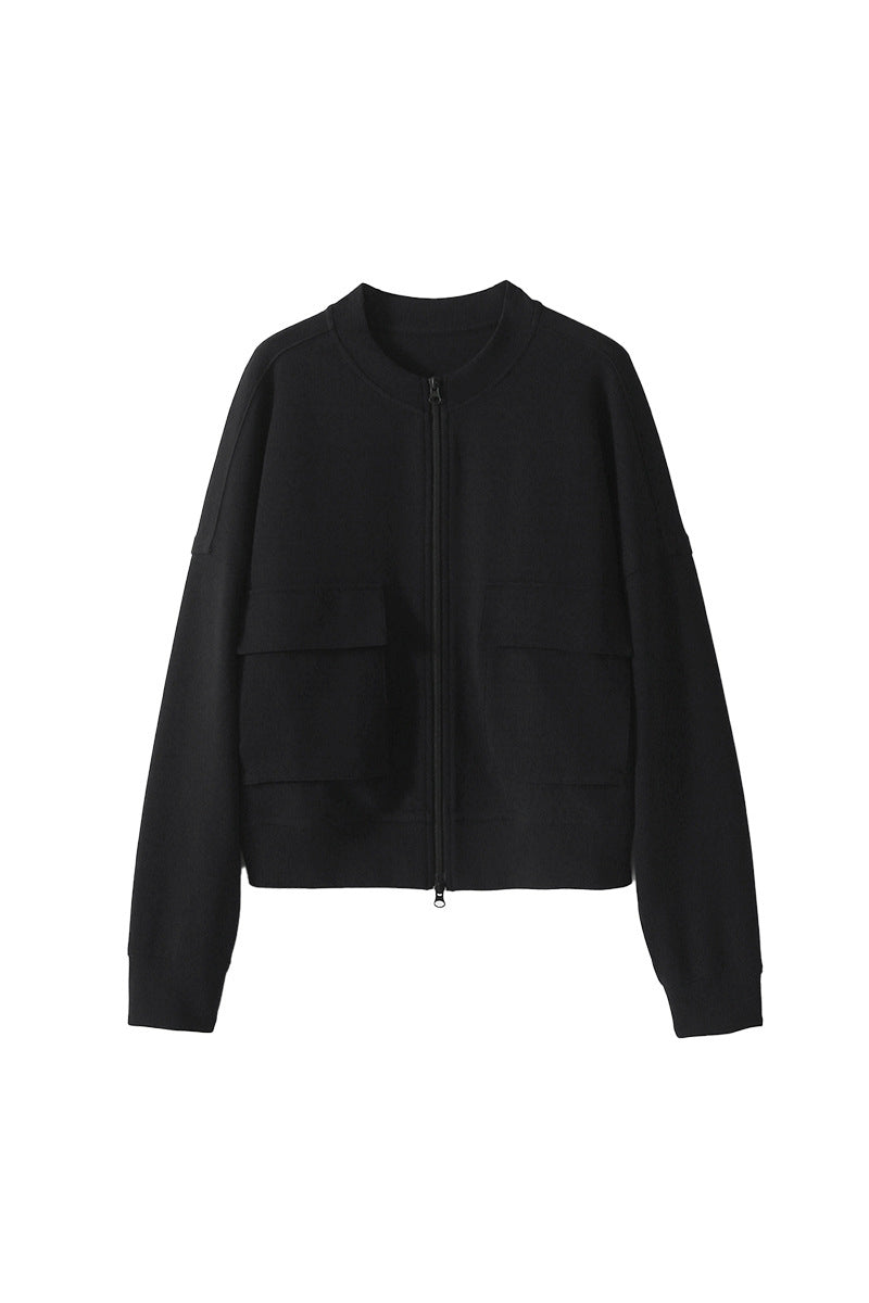 Round Neck Double Flap Pocket Long Sleeve Blouson-2 Colors Available - liwisi