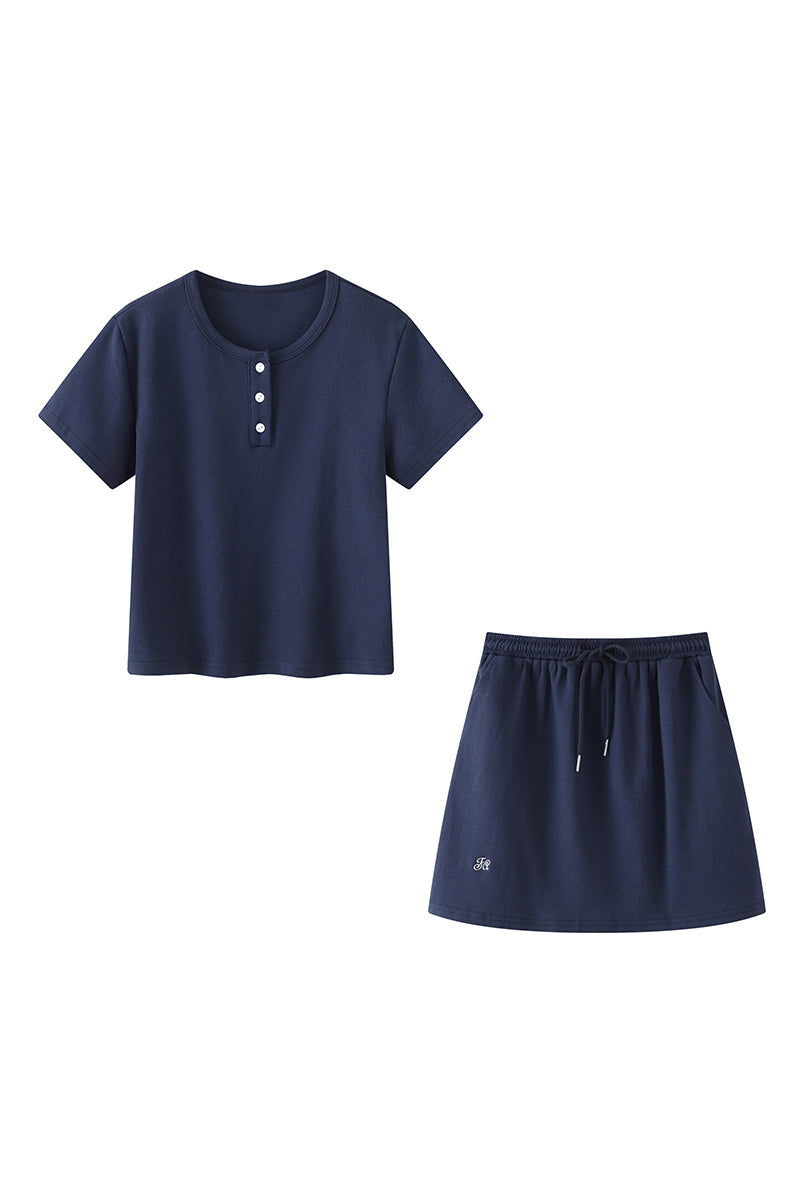 Two-Piece Set: Round Neck Slit Opening Short Sleeve T-Shirt + Logo Embroidered Drawstring Shorts - 2 Colors Available - liwisi