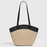 Leather Contrast Straw Shoulder Bag with Lining and Inner Bag - liwisi