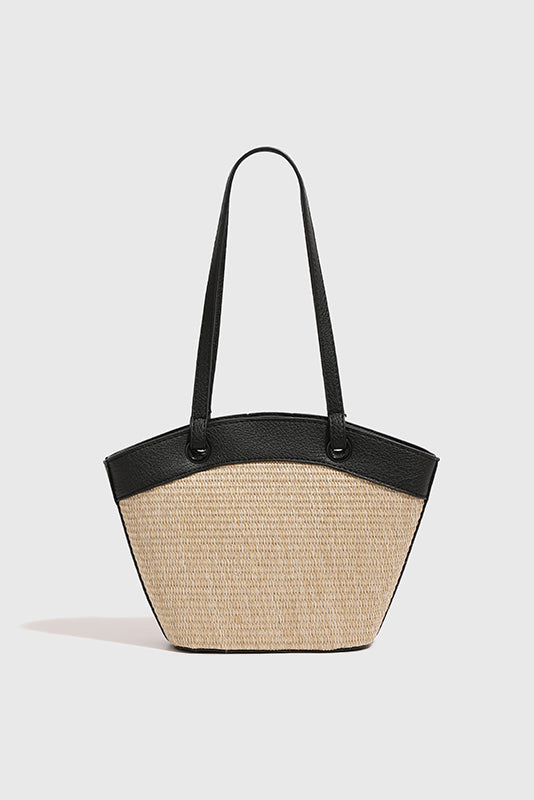 Leather Contrast Straw Shoulder Bag with Lining and Inner Bag - liwisi