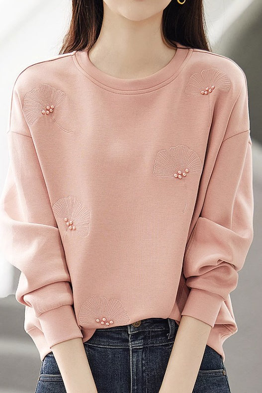 Plain Ginkgo Leaf Embroidered Beaded Sweatshirt - 2 Colors Available - liwisi