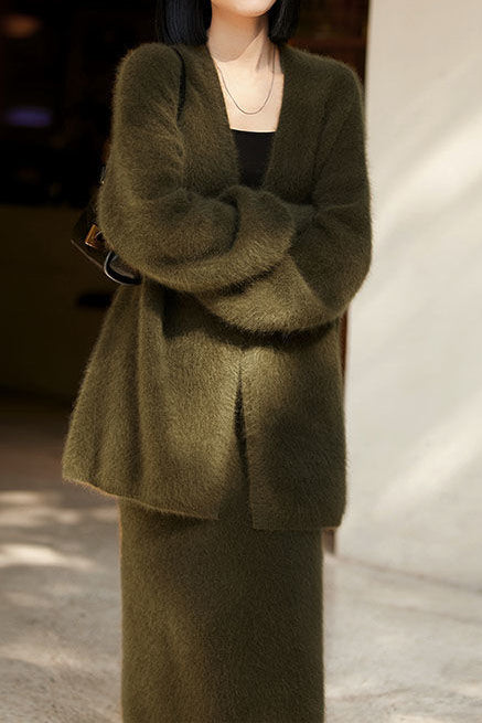 Cashmere-like Knit Cardigan and Knit Skirt Set - liwisi