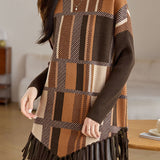 Casual Color-Block Plaid Fringed Pullover Sweater