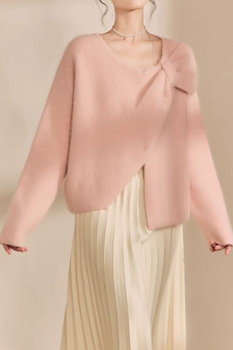 Plain Irregular Butterfly Ribbon Loose Fur Knit Round Neck Sweater - liwisi