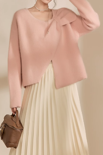 Plain Irregular Butterfly Ribbon Loose Fur Knit Round Neck Sweater - liwisi