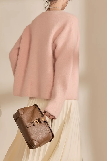 Plain Irregular Butterfly Ribbon Loose Fur Knit Round Neck Sweater - liwisi