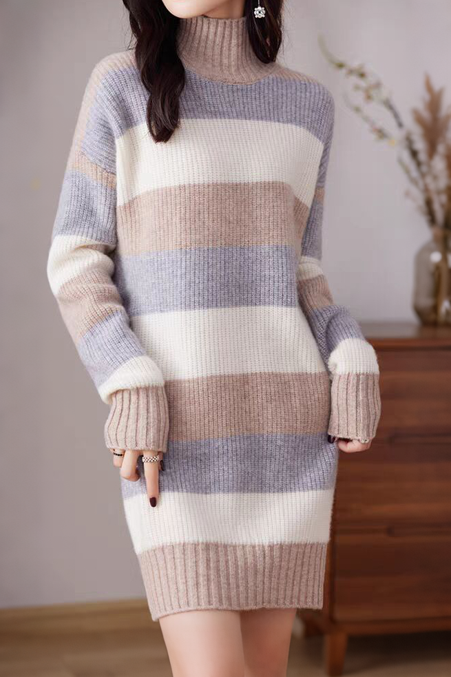 Casual Loose Pullover Color-Block Knitted Dress Casual Loose Pullover Color-Block Knitted Dress