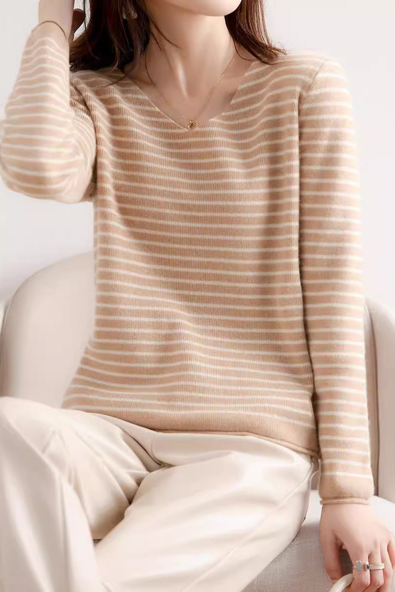 Striped Contrast V-Neck Knit Top - 6 Colors Available - liwisi