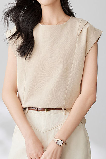 Round neck pullover shirt with small flutter sleeves - liwisi