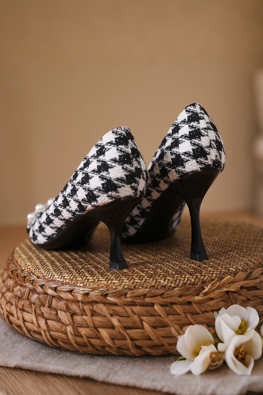 Elegant Houndstooth Pearl High Heels - liwisi