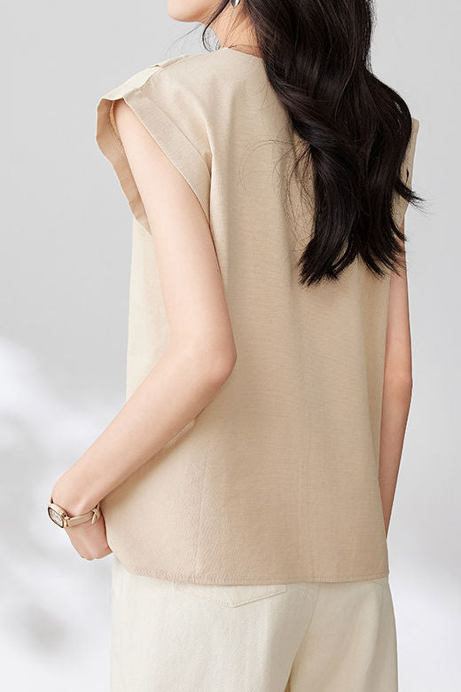 Round neck pullover shirt with small flutter sleeves - liwisi