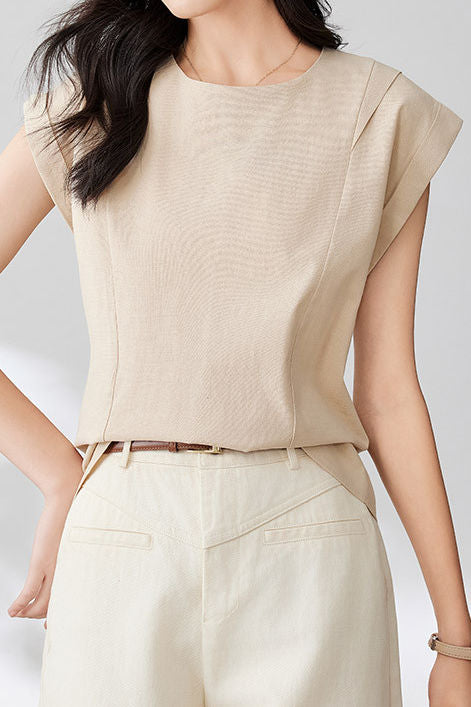 Round neck pullover shirt with small flutter sleeves - liwisi
