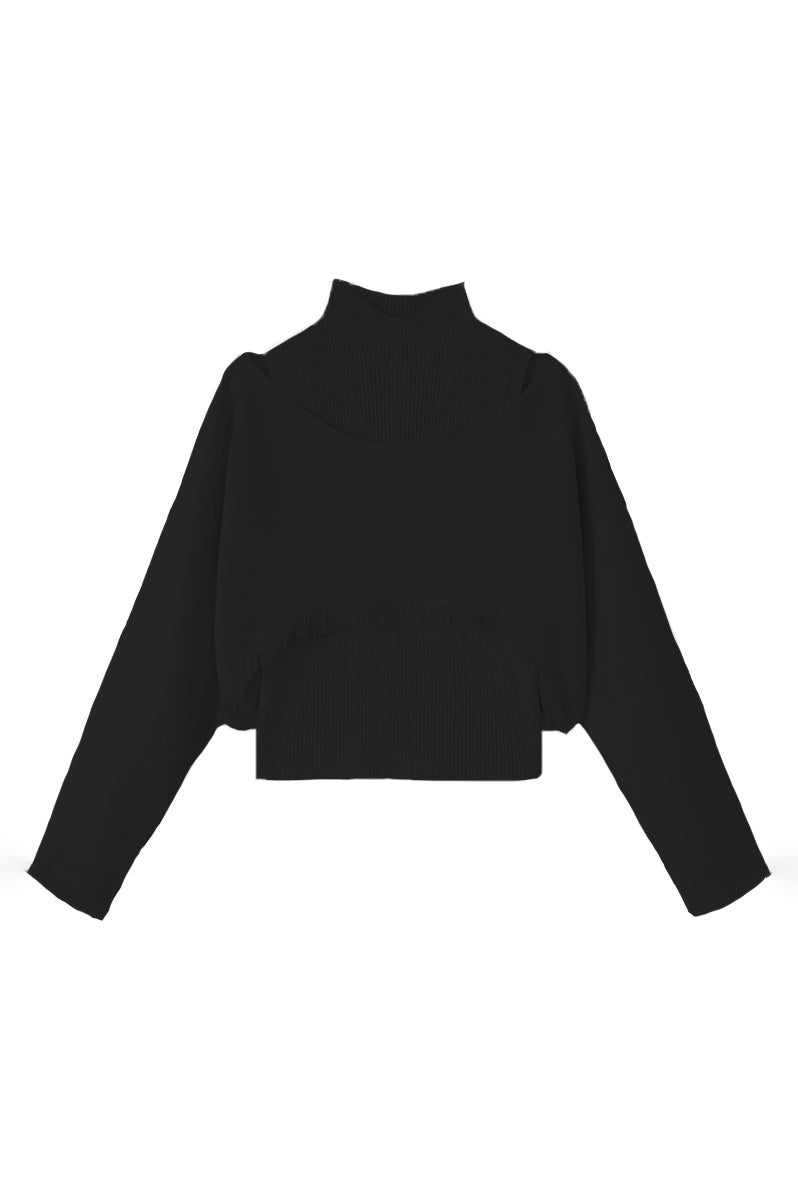 二点セット ハイネックシンプルタイトニット+オープンショルダーネックフリンジ装飾ニットケープ 3色入 - liwisi