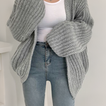 Loose Fit Solid Color Lantern Sleeve Cardigan - liwisi