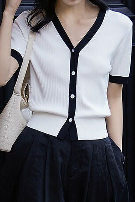 Chic versatile retro color-blocked short sleeve T-shirt - liwisi