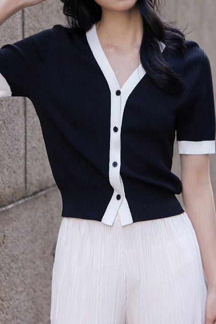 Chic versatile retro color-blocked short sleeve T-shirt - liwisi