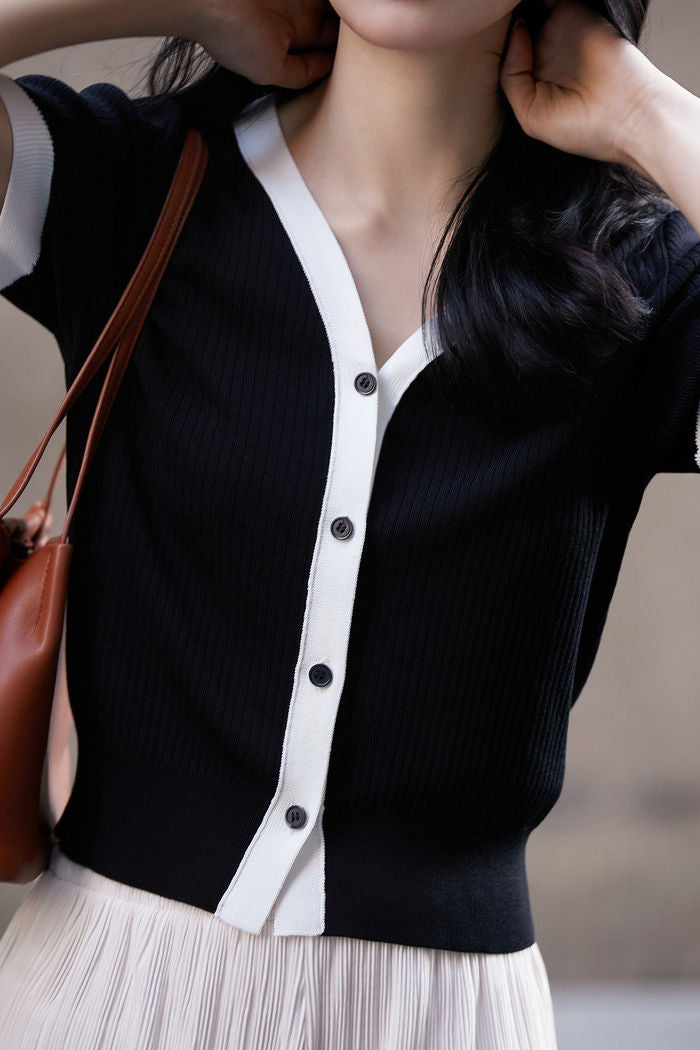 Chic versatile retro color-blocked short sleeve T-shirt - liwisi