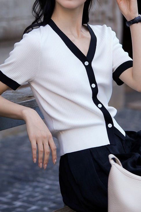 Chic versatile retro color-blocked short sleeve T-shirt - liwisi