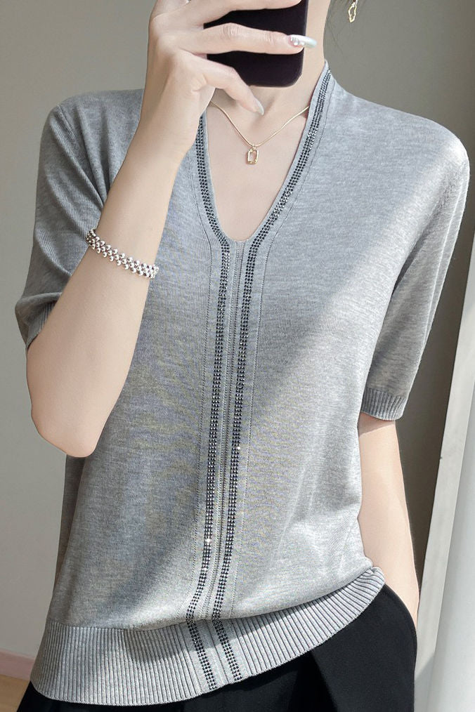 Loose-fitting versatile knit short sleeve T-shirt - liwisi