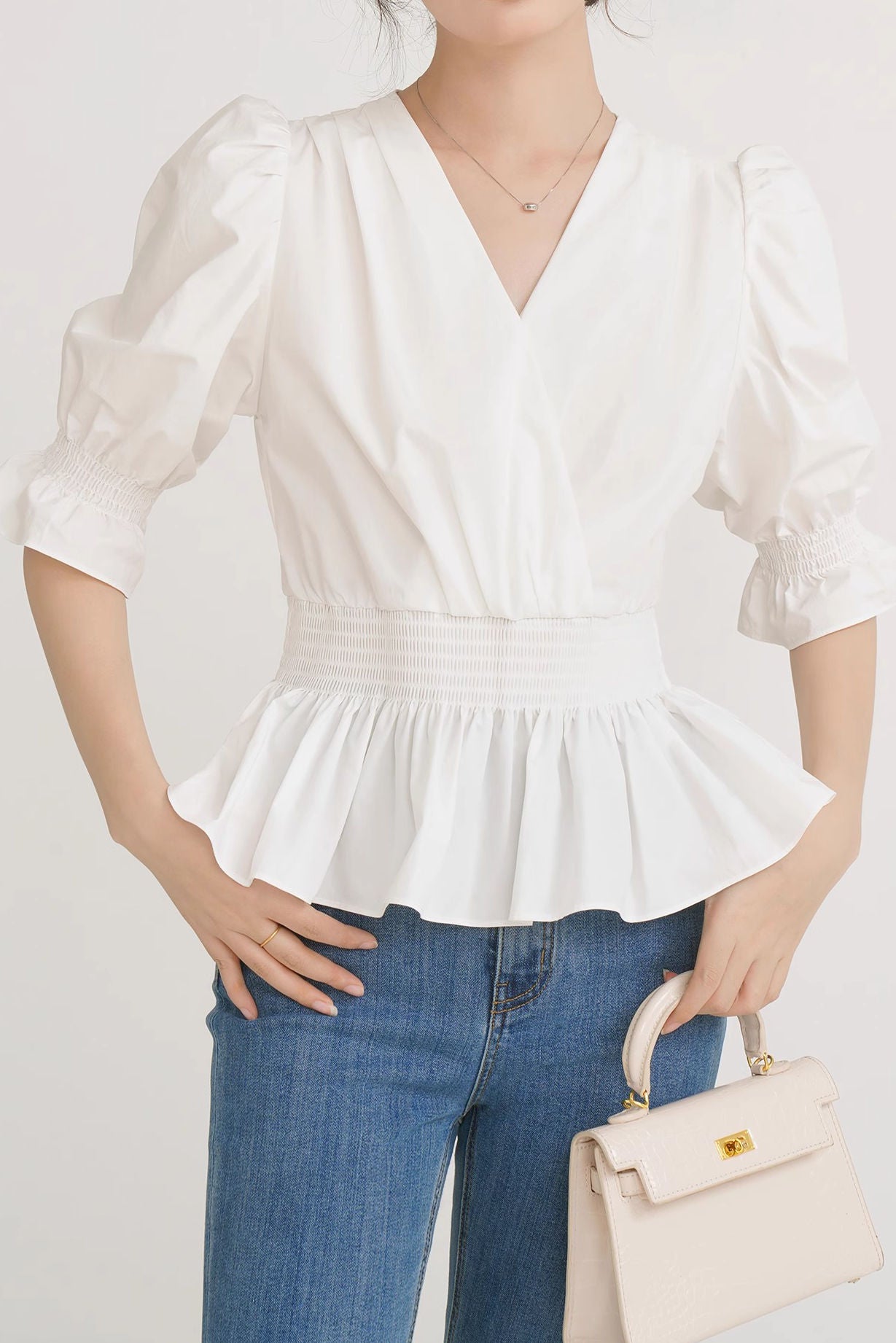 French-style versatile puff sleeve shirt - liwisi