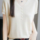 Versatile V-neck short sleeve top - liwisi