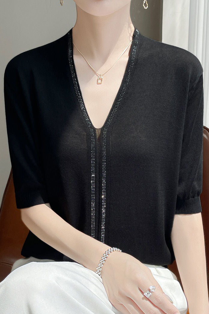 Loose-fitting versatile knit short sleeve T-shirt - liwisi