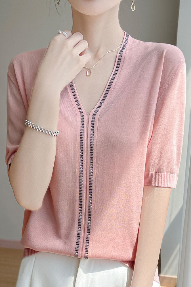 Loose-fitting versatile knit short sleeve T-shirt - liwisi