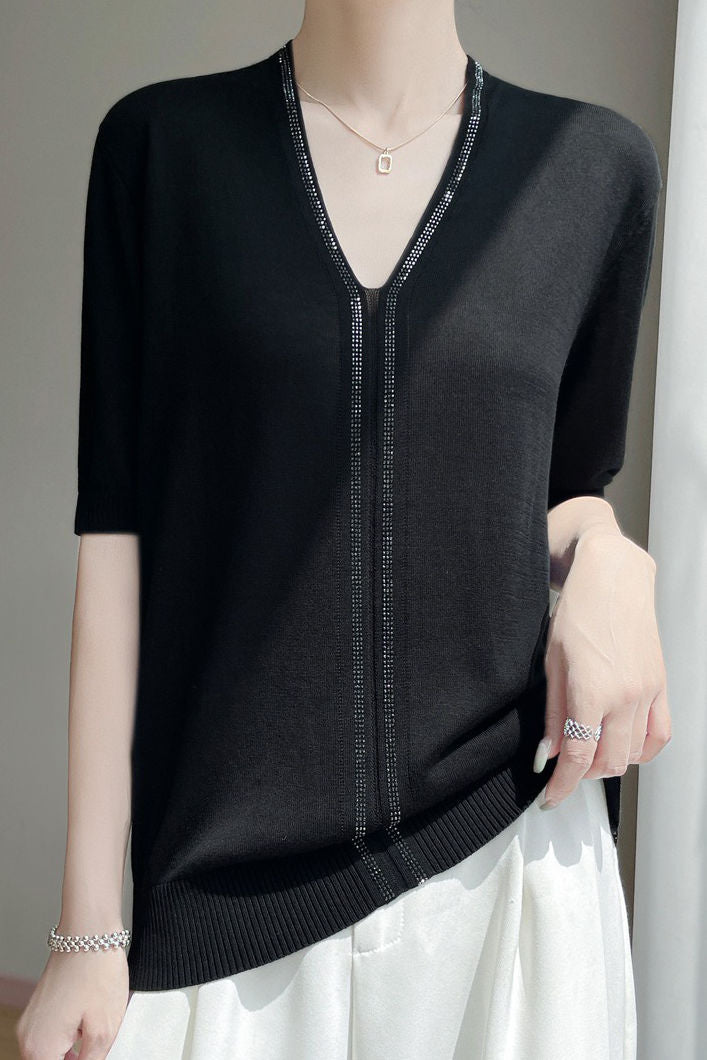 Loose-fitting versatile knit short sleeve T-shirt - liwisi
