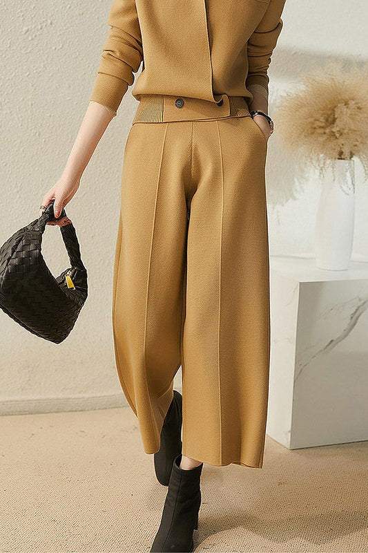 Skipper Collar Double Button Long Sleeve Top + Side Pocket Long Slacks + Back Slit Simple Long Skirt - liwisi