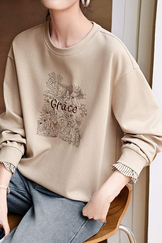 Elegant Floral Letter Embroidery Round Neck Sweatshirt - liwisi