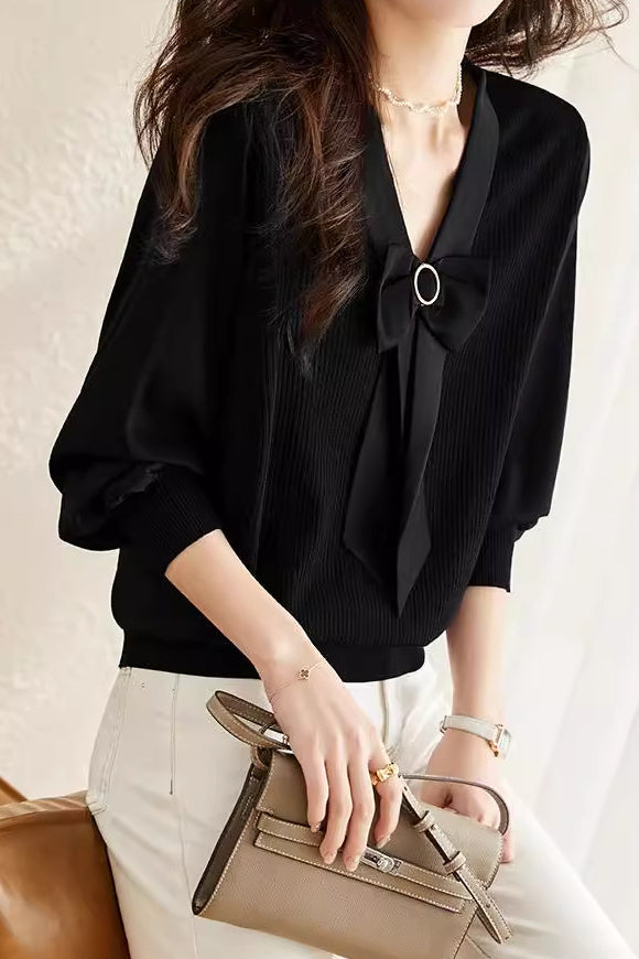 V-neck spliced knitted shirt - liwisi