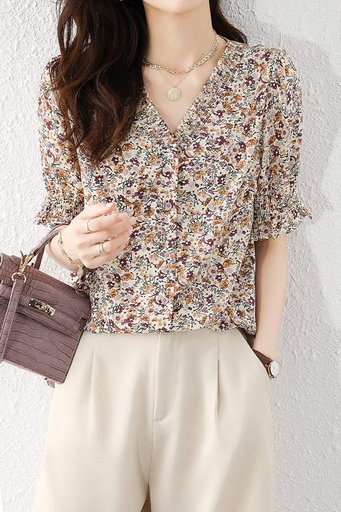V-Neck Shirring Hem Floral Blouse - liwisi
