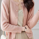 Textured Crew Neck Long Sleeve Knit Cardigan - liwisi