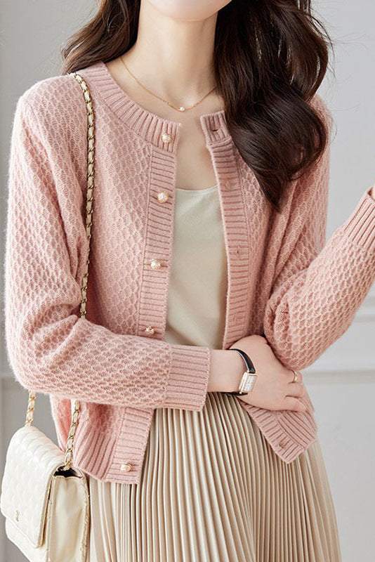 Textured Crew Neck Long Sleeve Knit Cardigan - liwisi