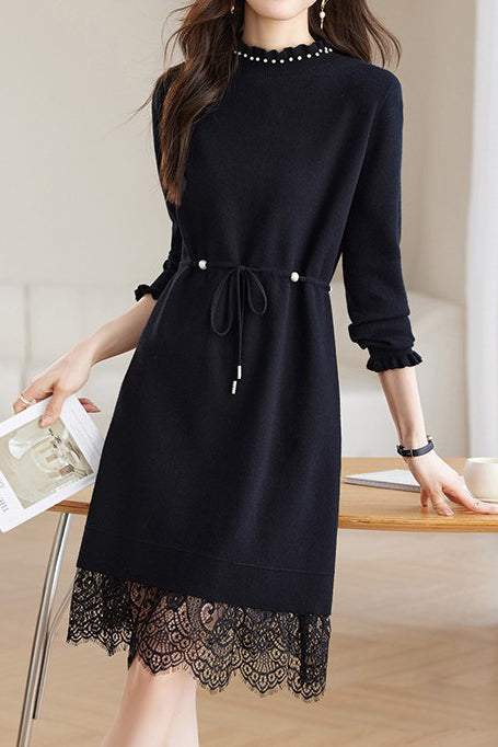 Pearl Beaded Decor Knit Dress - 2 Colors Available - liwisi