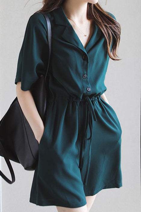 Notch Lapel Color Drawstring Short Overall - 2 Colors Available - liwisi